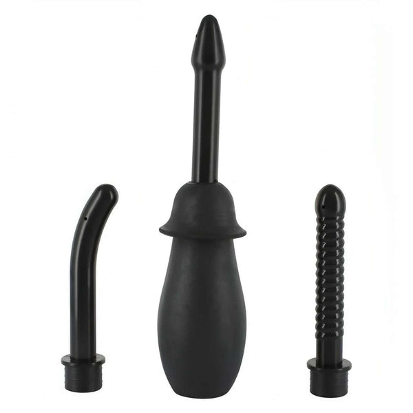 Kit doccia anale nero 3 pezzi con pompa a mano e accessori flessibili