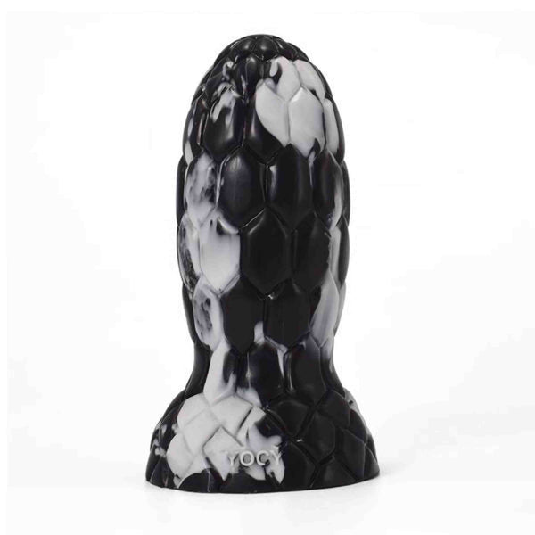Dildo fantasy nero e bianco effetto marmorizzato con texture a scaglie esagonali