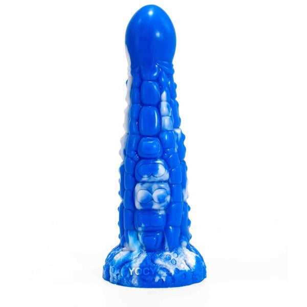 Dildo mostro mitologico blu con texture scaglie e base rocciosa