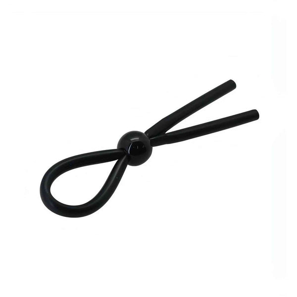 Cockring nero in silicone lucido con design a due bracci rigidi e sfera opaca