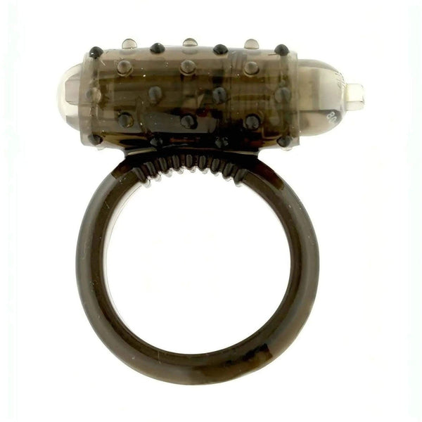Anello fallico vibrante grigio fumo Seven Creations vista frontale con coperchio batteria