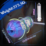 Masturbatore Ankylosaurus silicone liquido con siringa da 100ml e specifiche dimensioni su sfondo scuro