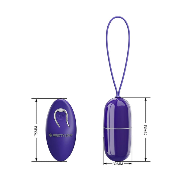 Dimensioni ovulo vibrante wireless viola 79mm e telecomando con linee di misura
