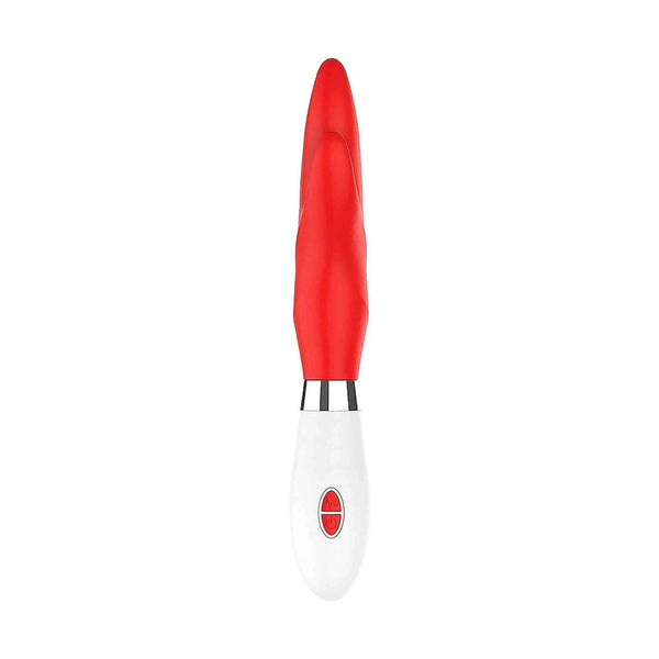 Vibratore rabbit rosso in silicone ultra soft con base bianca e anello metallico