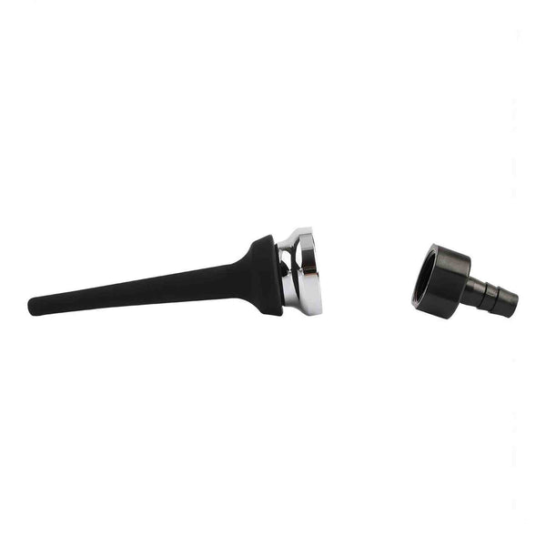 Vista laterale attacco doccia anale tubo silicone nero finitura metallo lucida