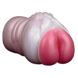 Vista frontale Banshee toy in silicone rosa traslucido con fessura centrale e base cilindrica