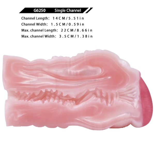 Canale singolo interno Banshee masturbatore silicone rosa con etichetta misure tecniche