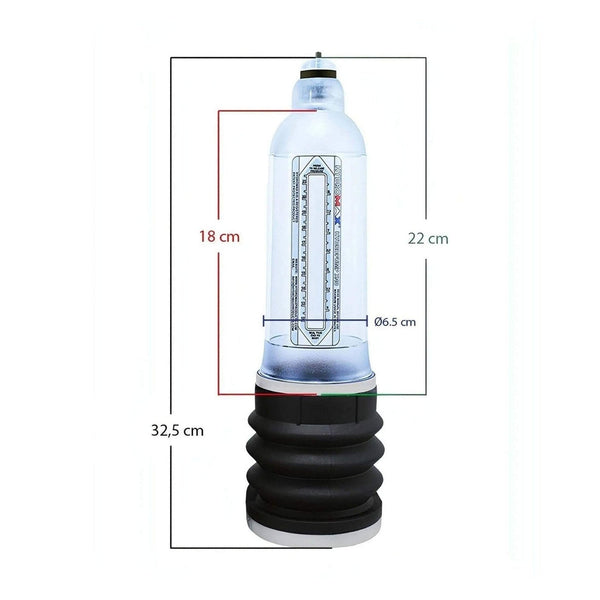 Dimensioni pompa intima Bathmate Hydromax X9 azzurra traslucida