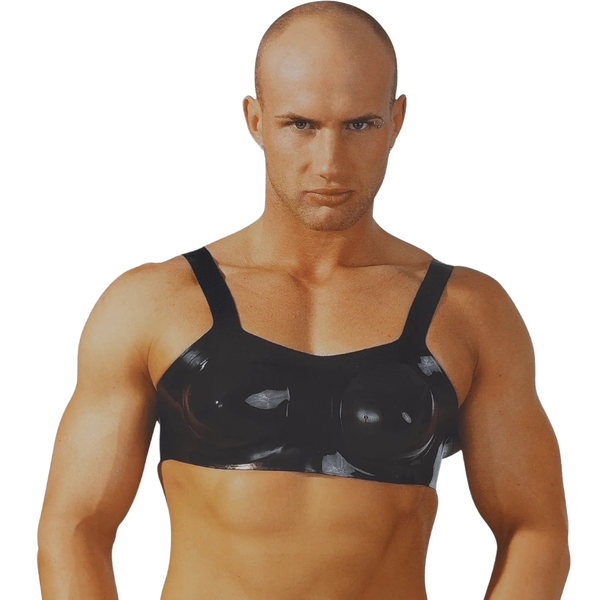 Reggiseno gonfiabile nero lucido per uomo con cupole evidenti e spalline sottili