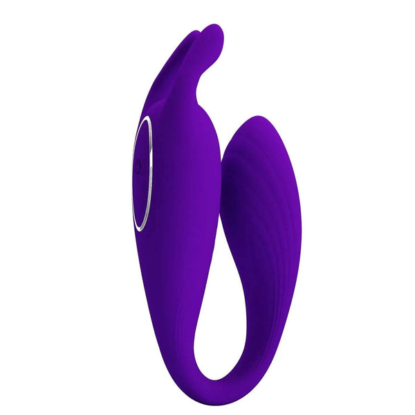 Profilo vibratore silicone viola ergonomico a C con superficie texture e bordo pulsante