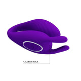 Vibratore di coppia viola in silicone a forma di C con pulsante argentato e foro ricarica