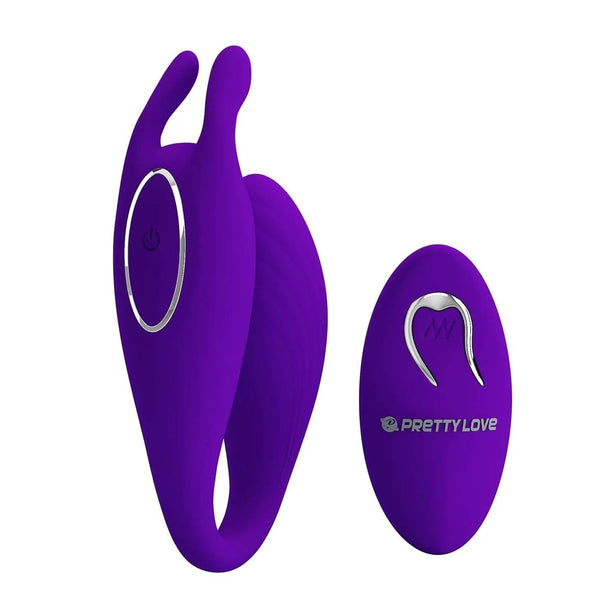 Vibratore wireless Pretty Love viola con telecomando ovale e logo bianco su sfondo bianco