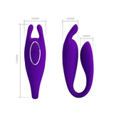 Vibratore coppia viola a forma di C con misure dettagliate e pulsante accensione laterale