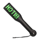 Paddle BDSM nero pelle scritta Bitch diagonale verde fluorescente