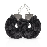Manette in peluche nero con catena metallica e finiture grigie