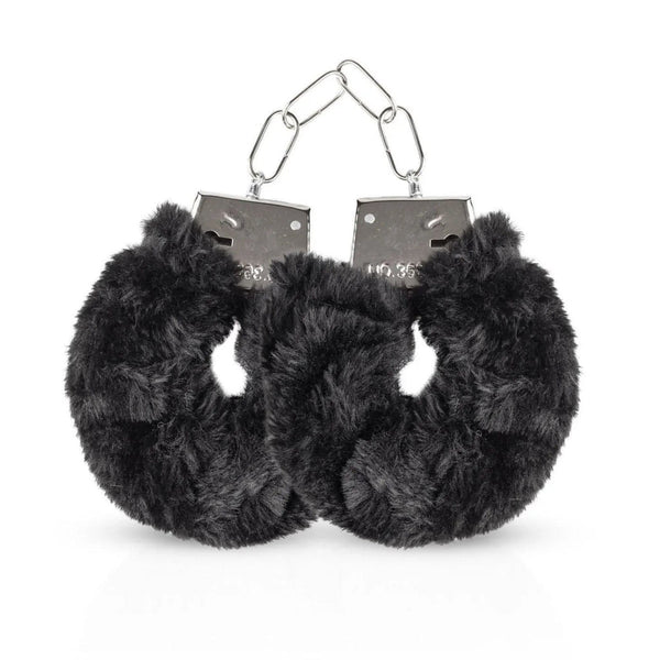Manette in peluche nero con catena metallica e finiture grigie