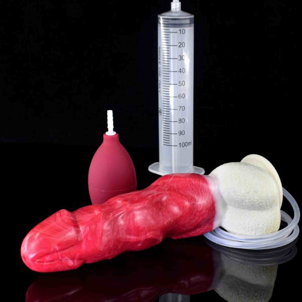 Bloodthirsty Wolf Cater in silicone rosso granuloso con base bianca, siringa e tubo flessibile