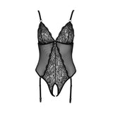Body nero aperto all'inguine tulle pizzo ricami floreali reggicalze