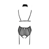 Vista posteriore body lingerie nero powernet con apertura centrale e anello metallico