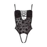 Body intero nero tulle trasparente con ricami floreali e frange