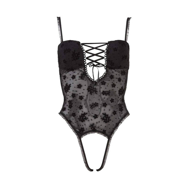 Body intero nero tulle trasparente con ricami floreali e frange