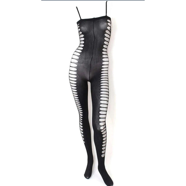 Bodystocking nera opaca vista frontale con dettagli a tagli ovali laterali