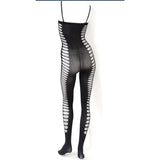 Bodystocking nera opaca vista posteriore con tagli ovali verticali e spalline sottili