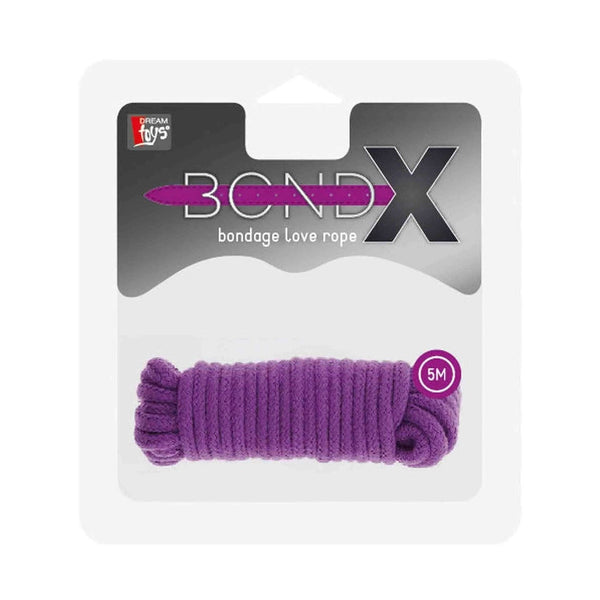 Corda bondage viola BondX 5m in confezione con etichetta e logo