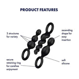 Caratteristiche plug anali Satisfyer: silicone morbido, forma ascendente per inserimento facile e anello di ritenuta sicuro
