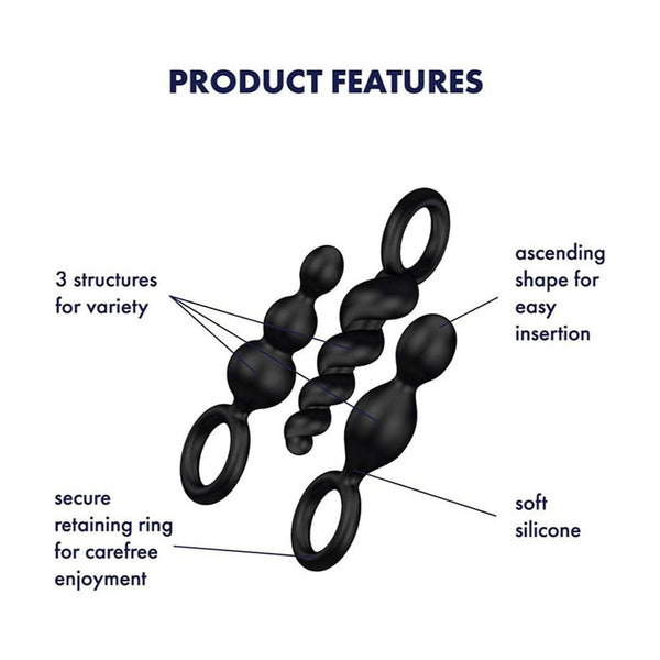 Caratteristiche plug anali Satisfyer: silicone morbido, forma ascendente per inserimento facile e anello di ritenuta sicuro