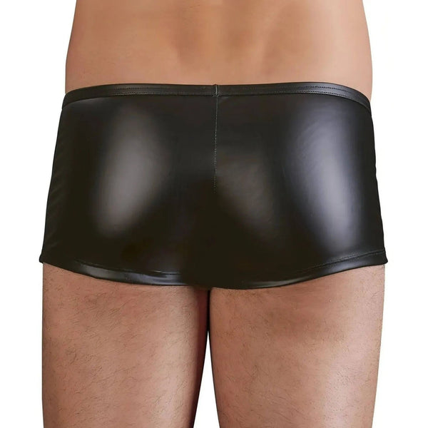 Boxer nero lucido vista posteriore con cuciture vita e bordo inferiore