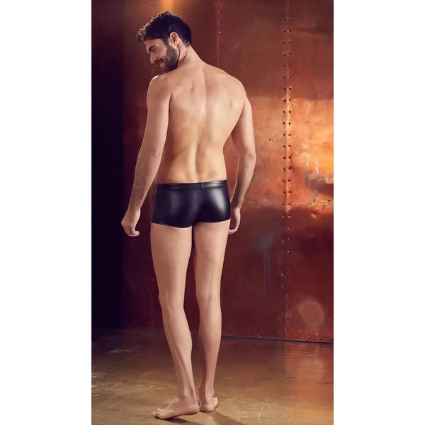 Boxer nero wetlook uomo vista profilo posteriore vita elastica