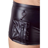 Boxer nero wetlook con tasca laterale zip e anello metallico dettaglio
