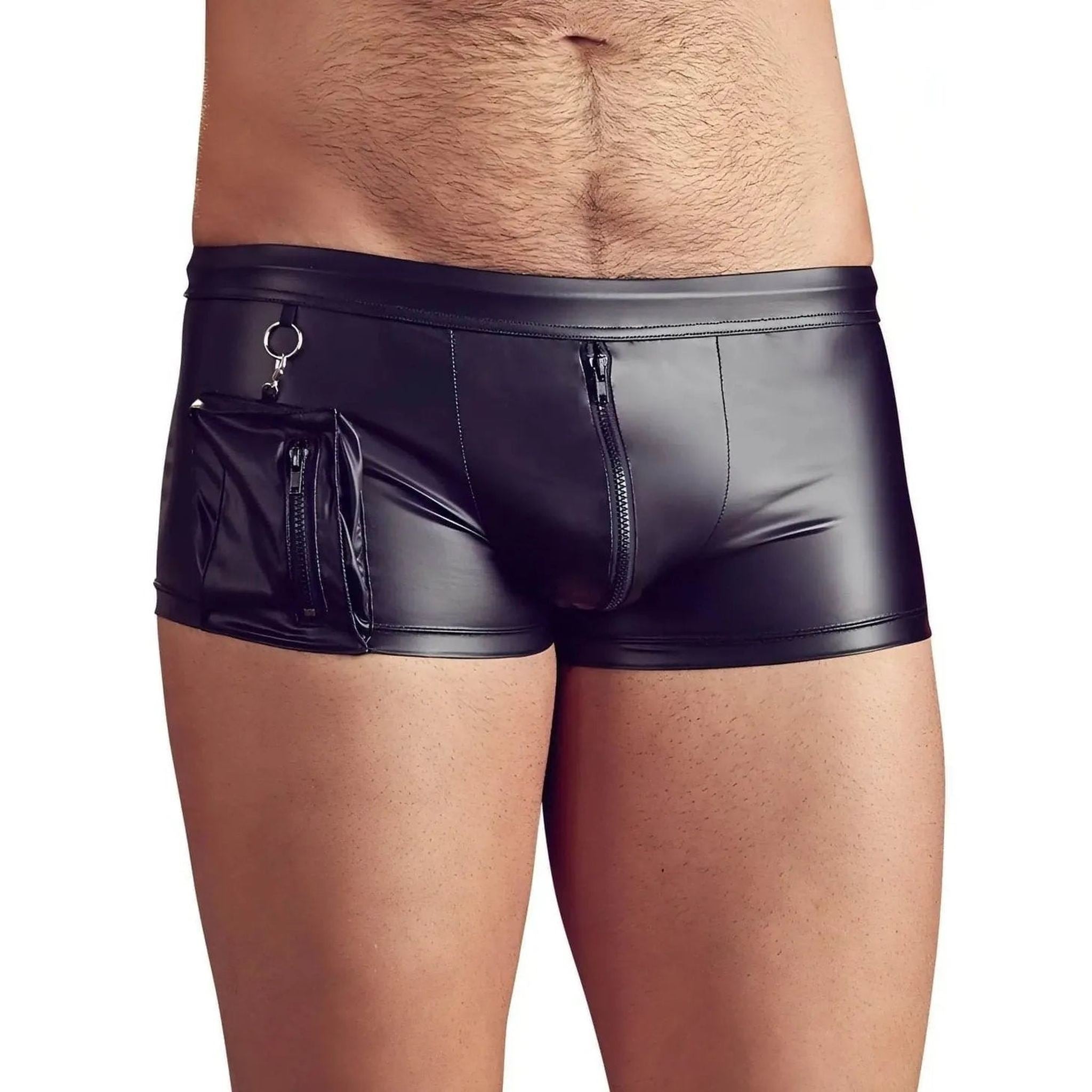 Boxer Uomo in Wetlook Nero con Zip e Taschina Laterale
