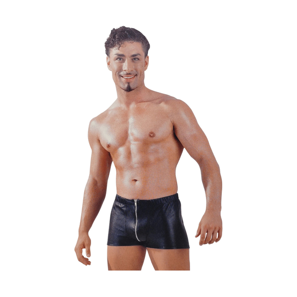 Boxer uomo in pelle nera con zip anteriore argento