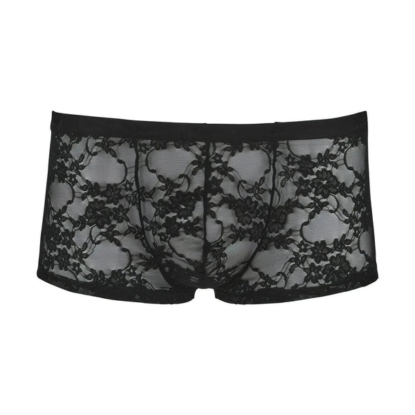 Boxer intimo uomo nero pizzo ricamato motivo floreale vista frontale