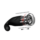 Funzioni rotazione e movimento up & down illustrate su masturbatore Breton nero