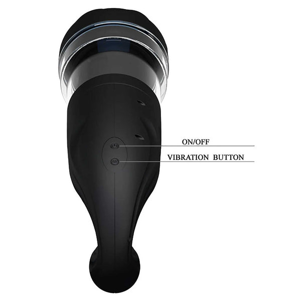 Pulsanti controllo ON/OFF e vibrazione sul retro del masturbatore automatico Breton nero