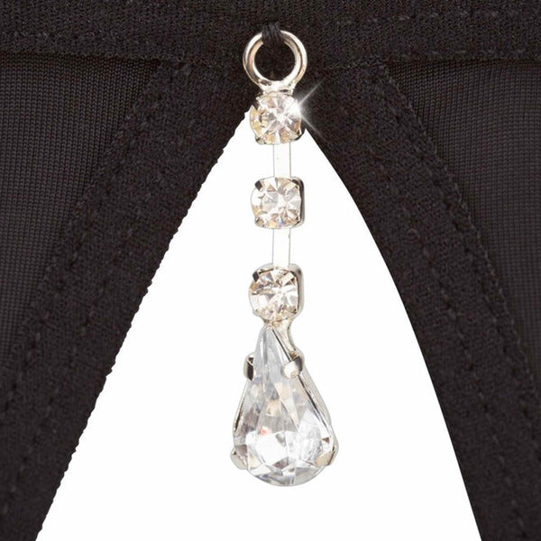 Dettaglio strass a goccia su reggicalze nero lingerie