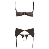 Completo lingerie nero bustier strass e reggicalze vista frontale