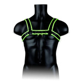 Vista frontale harness Bulldog pelle nera dettagli verde neon spalline incrociate