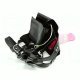 Harness in ecopelle nera Bunny Jumper aperto con dildo rosa e cavo verde