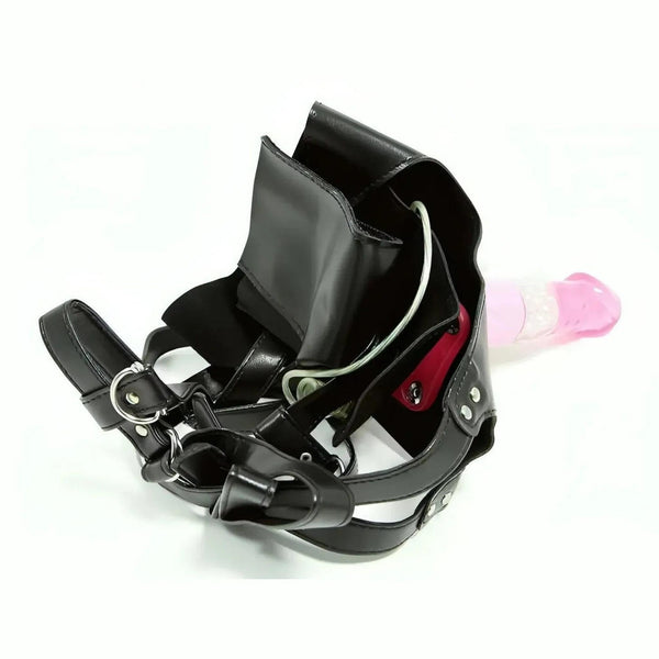 Harness in ecopelle nera Bunny Jumper aperto con dildo rosa e cavo verde