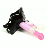 Strap-on rosa Bunny Jumper con harness in ecopelle nera e vibratore rabbit
