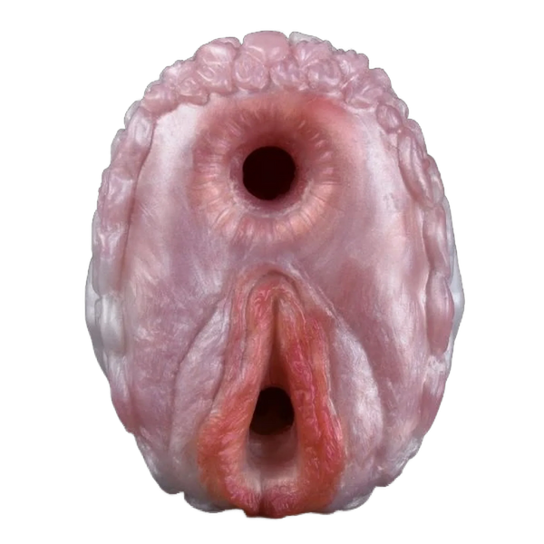 Dildo in silicone liquido rosa pallido con texture a petali e doppie aperture modellate