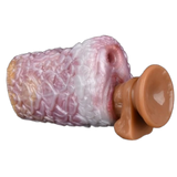Dildo in silicone liquido rosa bianco arancione con texture a petali e base ventosa