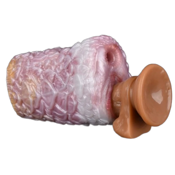 Dildo in silicone liquido rosa bianco arancione con texture a petali e base ventosa