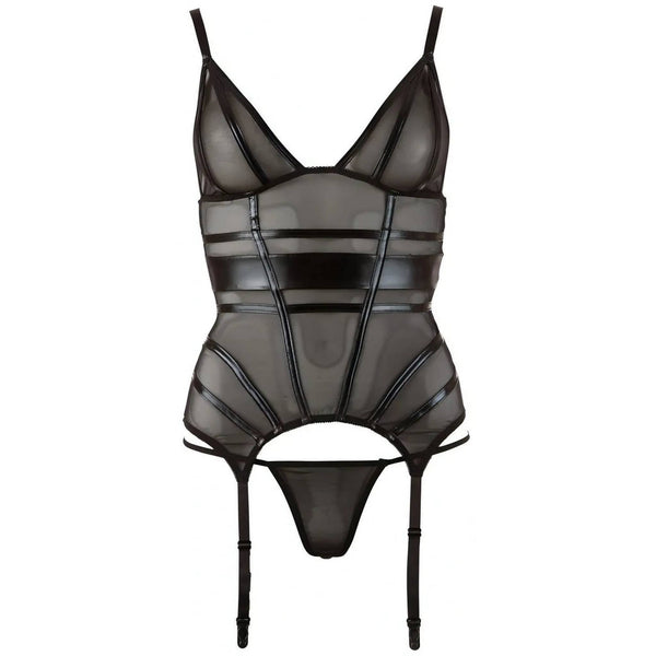 Set lingerie nero corsetto trasparente balconcino e cinghie calze