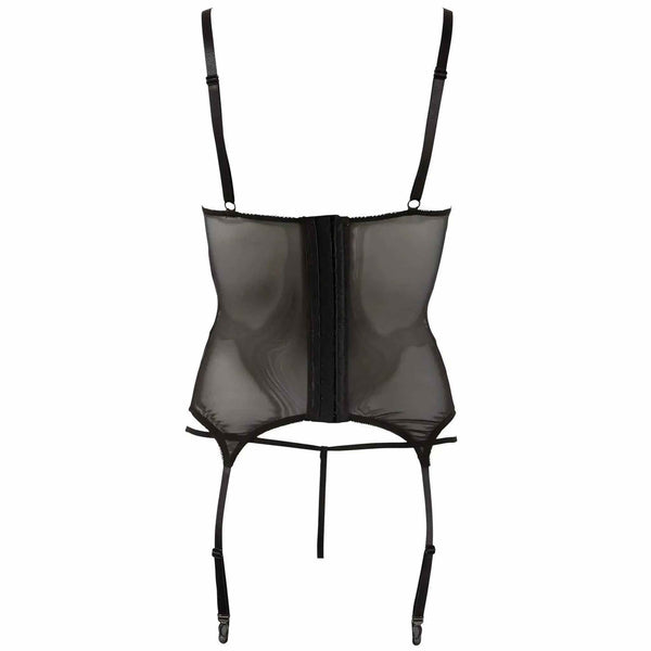 Vista posteriore set lingerie nero corsetto trasparente chiusura centrale