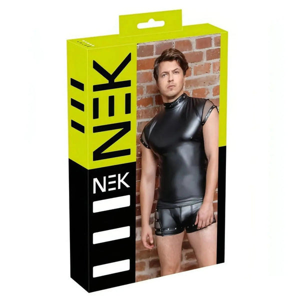 Scatola packaging canotta uomo nero NEK con inserti rete e borchie